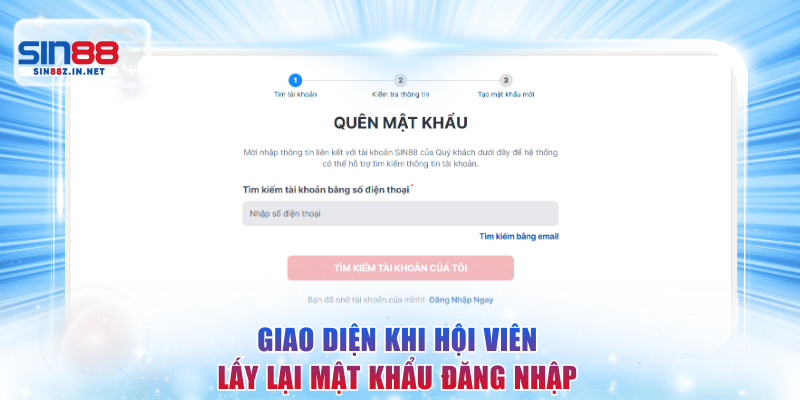 Giao diện khi hội viên lấy lại mật khẩu đăng nhập